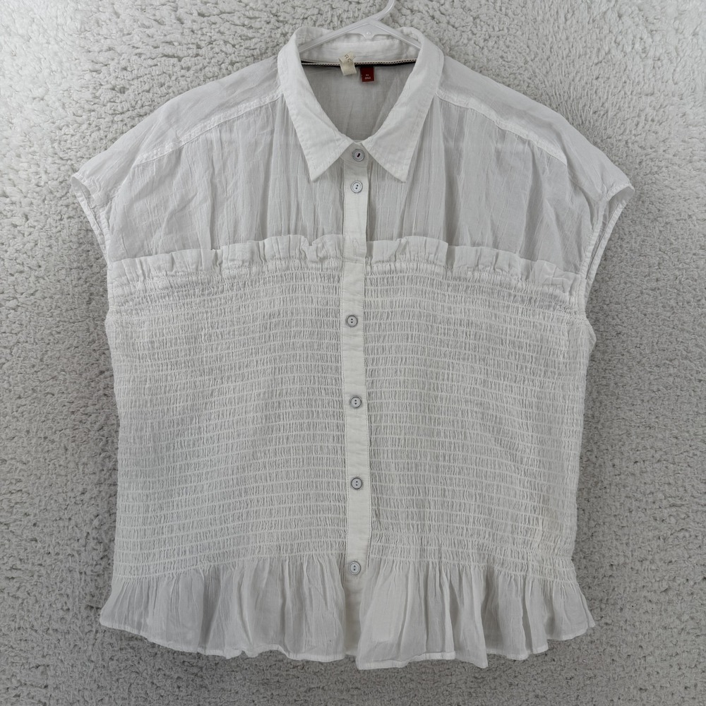 Pilcro Blouse Womens XL White Collared Cap Sleeve Smocked Ruffle Top OB521618